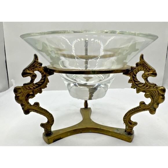 Ornate Vintage Three Dragon Chinoiserie Brass Stand With Glass Bowl - Picture 3 of 4